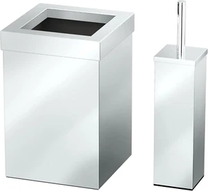 Modern Square Waste Basket and Toilet Brush Set, Chrome - Stainless Steel Trash - Picture 1 of 8