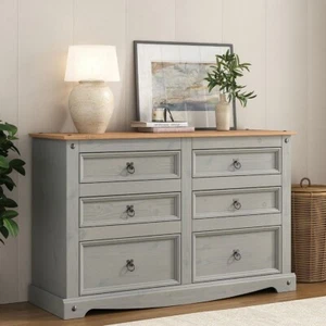 Corona Grey Chest of Drawers Pine 6 Drawer 3+3 Solid Pine Mexican Wax Sideboard - Picture 1 of 5
