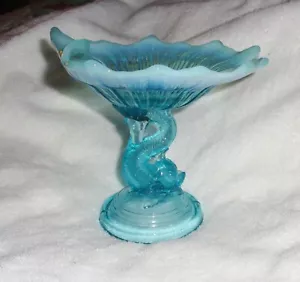 Antique Northwood Turquoise Opalescent Glass Dolphin Fish Compote Candy Dish - Picture 1 of 5