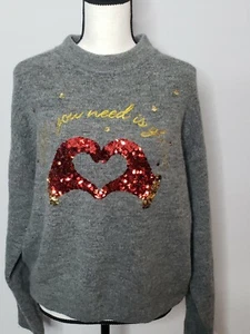 "Pulóver H&M ""All We Need Is Gloves"" Suéter Navidad Fiestas Lentellera Gris Pequeño - Imagen 1 de 9