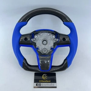 Real Carbon Fiber Steering Wheel For Tesla Model 3 Model Y 2017+ Blue Leather - Picture 1 of 9