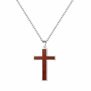 Men Women Stainless Steel Simple Cross Pendant 22" Chain Necklace Wood Inlay - Picture 1 of 6