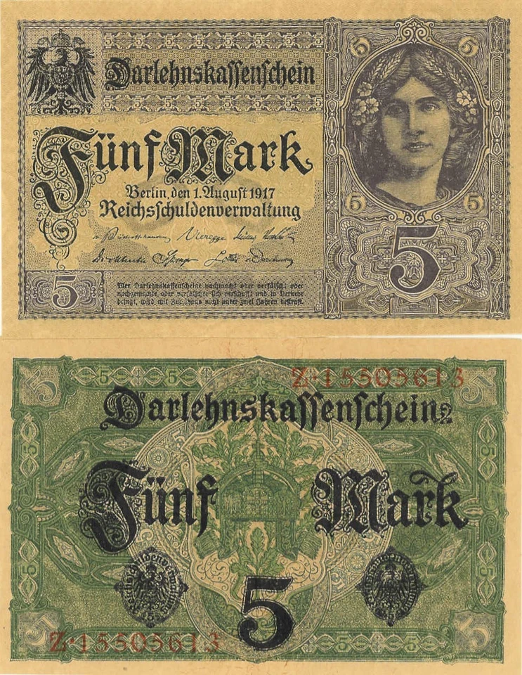 Germany P56, 5 Mark, State Loan Note, young woman with flowers in hair, 1917 - Image 1 of 1