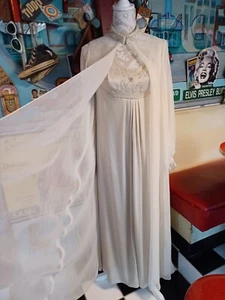 True Vintage Mitte des Jahrhunderts 1960er 1970er Jahre Polyester Abendkleid Kleid Maxi durchsichtige Jacke - Bild 1 von 12