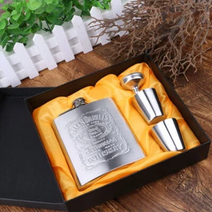 Edelstahl 7oz Flachmann Set Trichter Tasche Gravur Wein Trinkflasche Geschenke - Bild 1 von 1