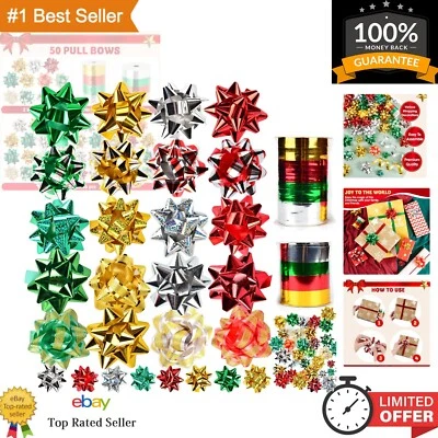 48 Self-Adhesive Bows & 2 Curling Ribbon Rolls – Perfect for Christmas Wrapping - Image 1 of 4