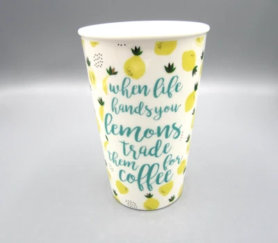 Williams Sonoma White Lemons Yellow Travel Mug with Lid Coffee Tea Mug (443) - Image 1 of 4