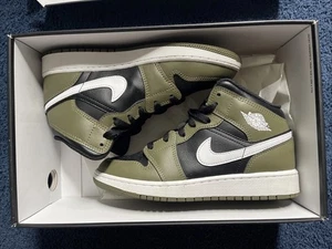 Youth 5Y, Women's 6.5  Nike Air Jordan 1 Mid Black White Medium Olive DQ8423-092 - Picture 1 of 6