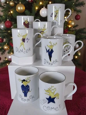 Juego de ocho tazas de cerámica Pottery Barn Navidad reno hechas en Japón Foto 1 de 3