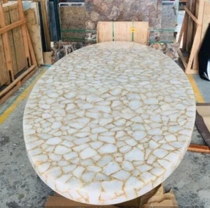 72"x36" Oval White Quartz Stone Dining Table Top Golden Foil Healing Counter Top - Picture 1 of 7
