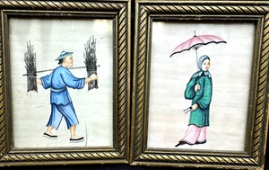 Antique Chinese Gouache Pith WaterColor Rice Paper -with a Man and Women- Framed - Picture 1 of 5