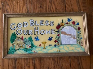 Vintage GOD BLESS OUR HOME Aluminum Foil Painted Glass Picture Photo Frame 17x9 - Bild 1 von 3