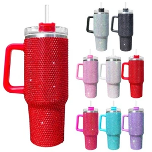 Vaso de diamantes de imitación de acero inoxidable 40 oz taza aislada con tapa pajita stock en EE. UU. - Imagen 1 de 13