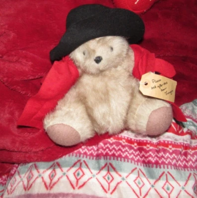 VINTAGE GABRIELLE PADDINGTON TEDDY BEAR ENGLAND RED COAT BLACK HAT TAGS SITTING - Image 1 of 4