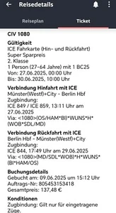 Bahnfahrkarte DB Super-Sparpreis-Ticket Münster-Berlin-Münster 27.-29.6. - Bild 1 von 1