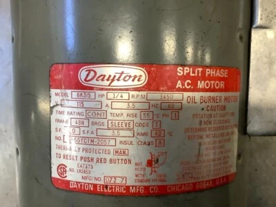 #61 Dayton 6K315, 1/4Hp, 3600rpm, 1Ph, 115V, 48N Frame, Oil Burner Motor - Image 1 of 4