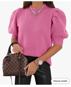Women's Puff Short Sleeve Sweater Tops 2024 Spring Summer Trendy Crew - Picture 1 of 6