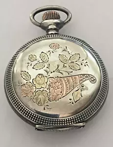 1910 LADIES ELGIN POCKET WATCH FINE SILVER CASE GOLD INLAY DESIGN RUNNING COND. - Picture 1 of 8