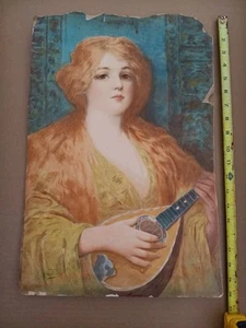 Antique Etching Portrait of Woman Girl Playing Mandolin- Colored By W. W. Hall - Picture 1 of 10