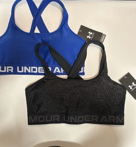 Two NWT Under Armour Wms Sports Bras L Large Blue Black Compression Cross Back - Picture 1 of 12