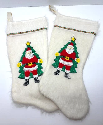 Vintage 1975 Christmas Stockings--White Plush w/Puff Plastic Santas--Set of 2 - Image 1 of 4