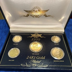 1999 24kt Gold Plated US Mint Proof 5 Coin Set #048 Uncirculated Display Box - Picture 1 of 5