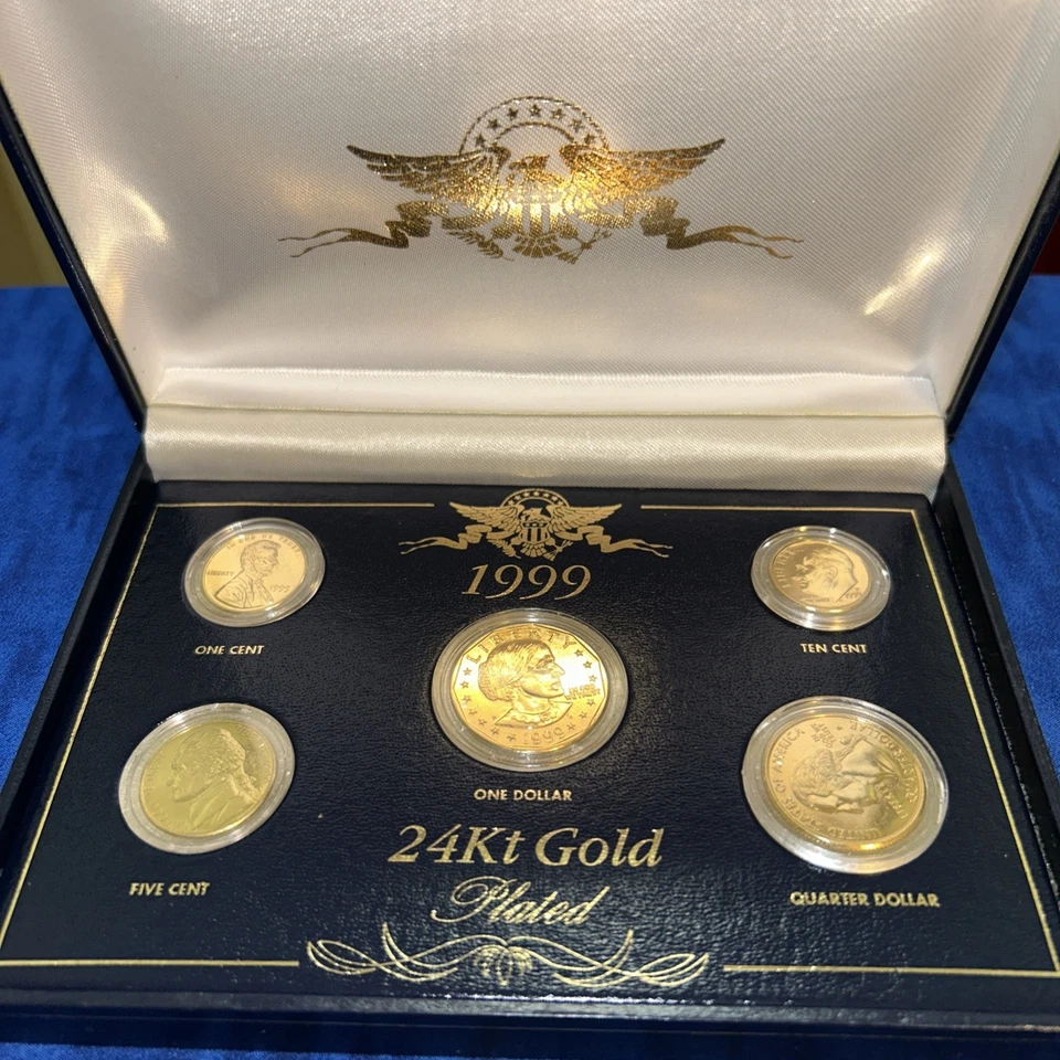 1999 24kt Gold Plated US Mint Proof  5 Coin Set #048 Uncirculated Display Box - Image 1 of 4