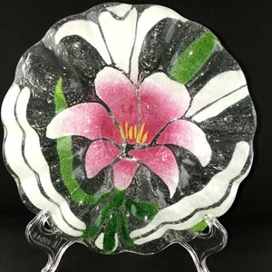 Schmelzglas mehrfarbig Blumenmuster gerüschtes Schmuckstück Geschirr rosa grün weiß Geschirrschale - Bild 1 von 4