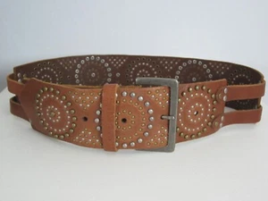 New Sandwich Womens S Brown Wide Studded Leather Belt 28 - 32 Pewter Brass Studs - Picture 1 of 11