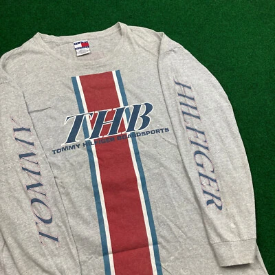 Camisa de deporte de mesa Tommy Hilfiger vintage para hombre L gris azul logotipo deletreado años 90 EE. UU. Foto 1 de 4