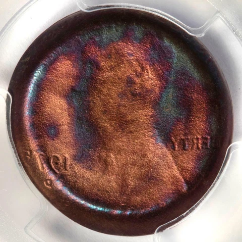 1975 D PCGS MS65RB Obverse Deep Die Cap Rainbow Toned Cent Mint Error Two Dates Cover