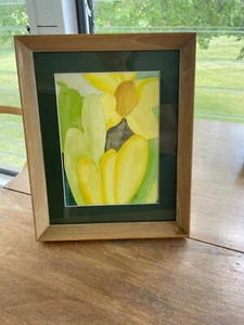 Daffodil Mid- Mod Table Wall 11x9” Wood Frame Glass Deep Green Mat Abstract - Picture 1 of 10