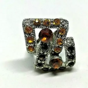 Vintage Silver Metal Amber Crystal/ Stone Ring 1980' Sizable Size S - Picture 1 of 6