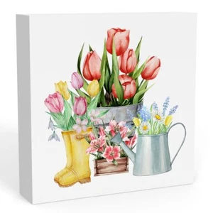 Spring Decorations Indoor Tabletop Colorful Flowers Box Sign Gift 5 X 5 Inch - Picture 1 of 12