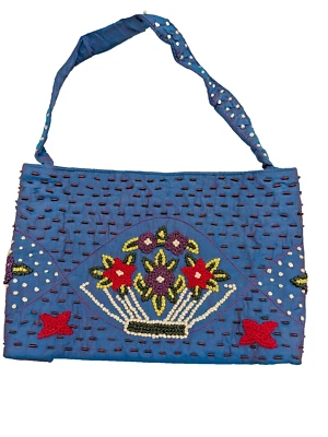 Cartera Floral Con Cuentas Con Bordados y Cuentas de Vidrio Nueva Años 90 Azul Púrpura Brillo Foto 1 de 4