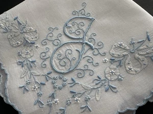 A+ Vintage Hankie Blue Monogram J Madeira Style Hand Embroidered Wedding Bride - Picture 1 of 7