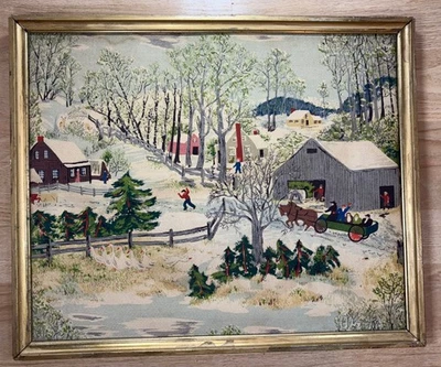 VTG Grandma Moses “Early Springtime on the Farm Barkcloth Fabric Framed Wall Art - Image 1 of 4