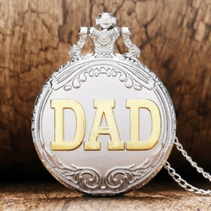 Antique Style DAD Theme Pocket Watch Necklace Chain Mens Pappy Father's Day Gift - Picture 1 of 18