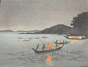 TAKEJIRO Pêche avec les cormorans sur la rivière Nagara. 1911. Bois gravé. Japan - Imagen 1 de 2