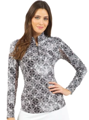 NWT Ladies IBKUL SANDRA Black Long Sleeve Mock Golf Shirt XS S M L XL & XXL - Image 1 of 3