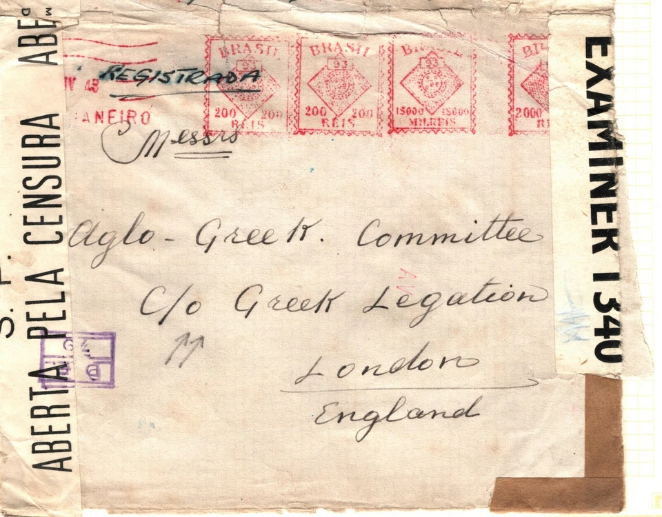 BRAZIL WW2 Cover *GREEK LEGATION* GB London MULTIPLE CENSOR 1943 {samwells}EP106 - Image 1 of 4