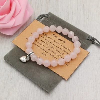 ROSE QUARTZ Bracelet Stretch Fit Handmade + Gift Bag & Card Crystal Gemstone 8mm - Image 1 of 4