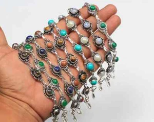 Round Assorted Crystal Bracelet,Gemstone Silver Overlay Bracelet,Handmade Cuff~ - Picture 1 of 5