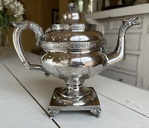 ANTIQUE EARLY AMERICAN .900 SILVER TEAPOT 1800's DRAGON MOTIF HAND CHASED
