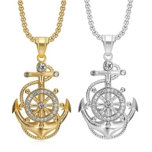 Iced Out Anchor Pendant Necklace Stainless Steel Plated Gold Men Hip Hop - Picture 1 of 15