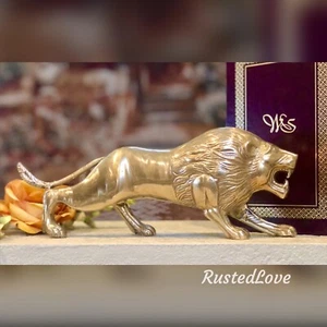 Estatua de león de latón liso de colección gato africano rugiente pulida 13" de largo - Imagen 1 de 11