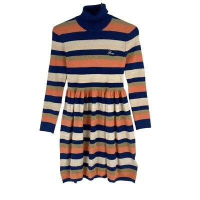 GUESS 女孩海军蓝条纹喇叭长袖连衣裙 10 码 140 厘米 — 第 1/4 张图片