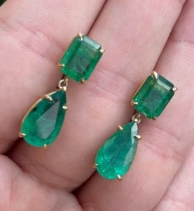 Earth Mined Strong Dark Green Emerald Oval & Pear Dangle Earrings Drop Earrings - Picture 1 of 2