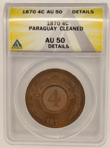 1870 SHAW Paraguay 4 Centesimos Copper Coin Certified AU 50 Details ANACS 1B - Picture 1 of 4