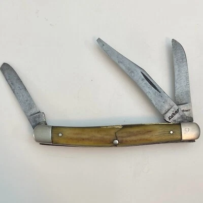 复古 KABAR 3 刀片折叠口袋刀带棕色 Stag 手柄。 评论图片。 — 第 1/4 张图片